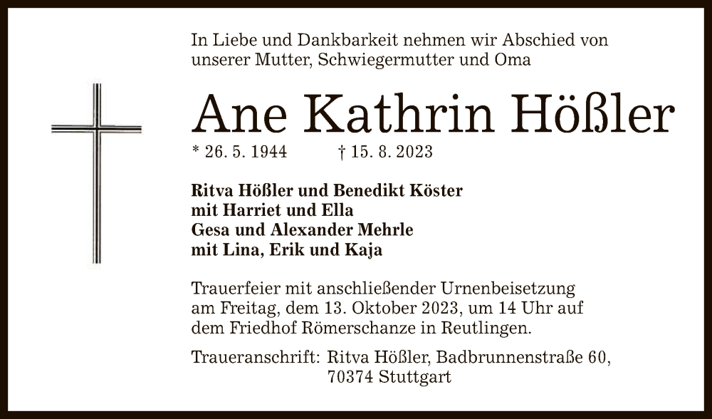 Traueranzeige für Ane Kathrin Hößler vom 07.10.2023 aus Reutlinger General-Anzeiger