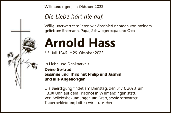 Anzeige von Arnold Hass von Reutlinger General-Anzeiger