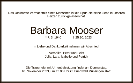 Anzeige von Barbara Mooser von Reutlinger General-Anzeiger