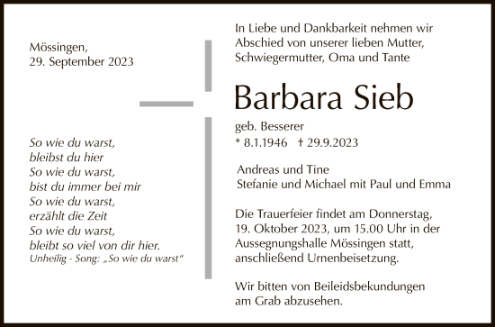 Anzeige von Barbara Sieb von Reutlinger General-Anzeiger