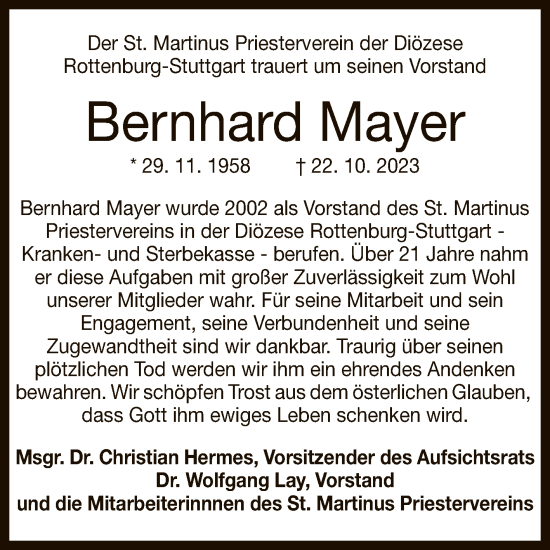 Anzeige von Bernhard Mayer von Reutlinger General-Anzeiger