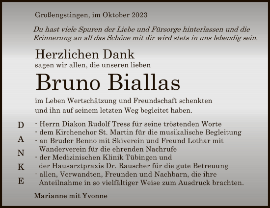 Anzeige von Bruno Biallas von Reutlinger General-Anzeiger