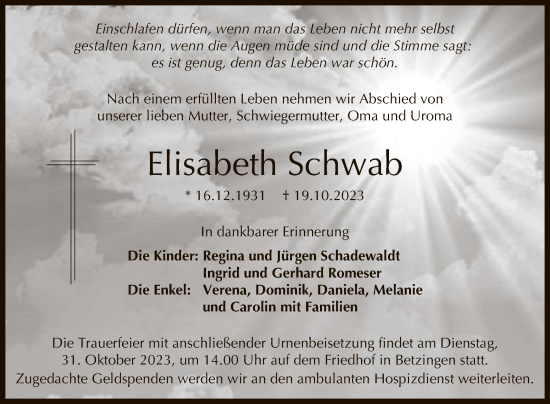 Anzeige von Elisabeth Schwab von Reutlinger General-Anzeiger