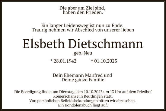 Anzeige von Elsbeth Dietschmann von Reutlinger General-Anzeiger