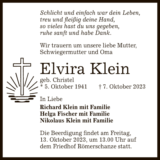 Anzeige von Elvira Klein von Reutlinger General-Anzeiger