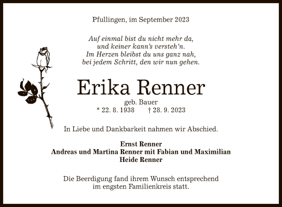 Anzeige von Erika Renner von Reutlinger General-Anzeiger