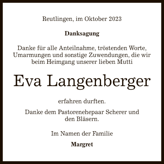 Anzeige von Eva Langenberger von Reutlinger General-Anzeiger