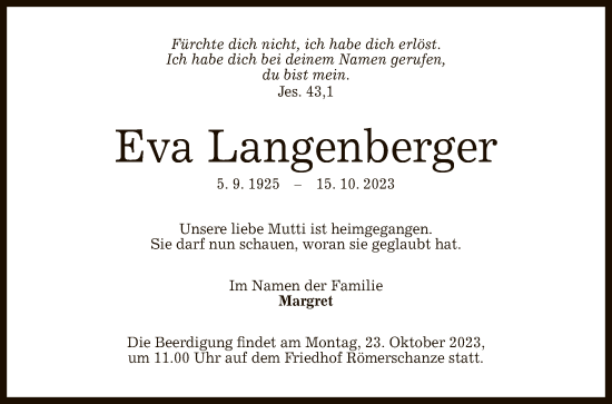 Anzeige von Eva Langenberger von Reutlinger General-Anzeiger