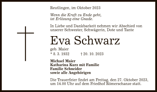 Anzeige von Eva Schwarz von Reutlinger General-Anzeiger
