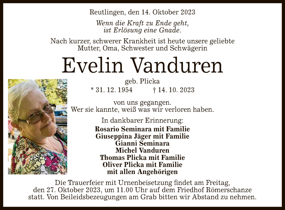  Traueranzeige für Evelin Vanduren vom 21.10.2023 aus Reutlinger General-Anzeiger