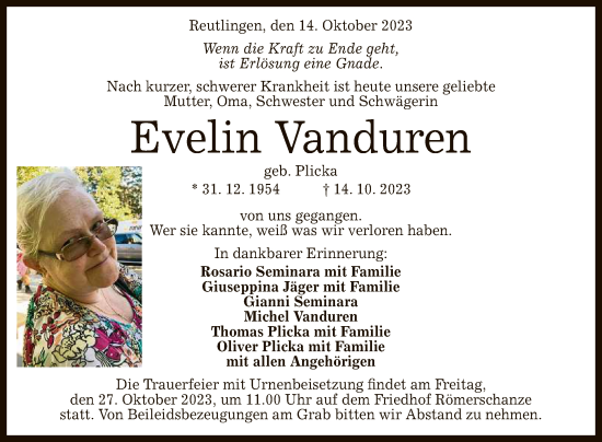 Anzeige von Evelin Vanduren von Reutlinger General-Anzeiger