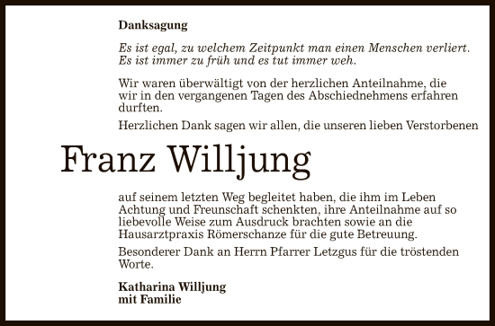 Anzeige von Franz Willjung von Reutlinger General-Anzeiger
