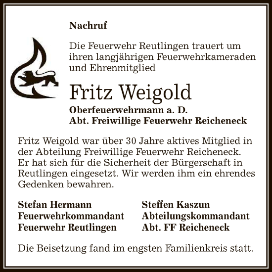 Anzeige von Fritz Weigold von Reutlinger General-Anzeiger