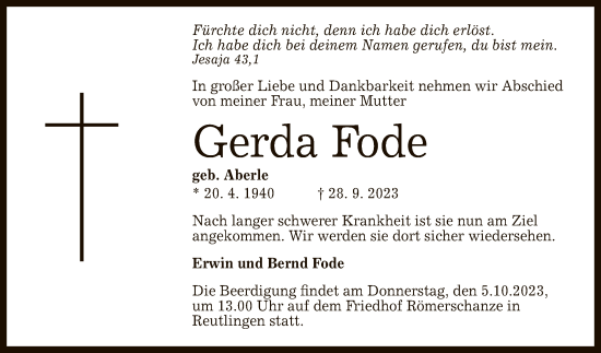 Anzeige von Gerda Fode von Reutlinger General-Anzeiger