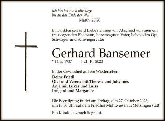 Anzeige von Gerhard Bansemer von Reutlinger General-Anzeiger