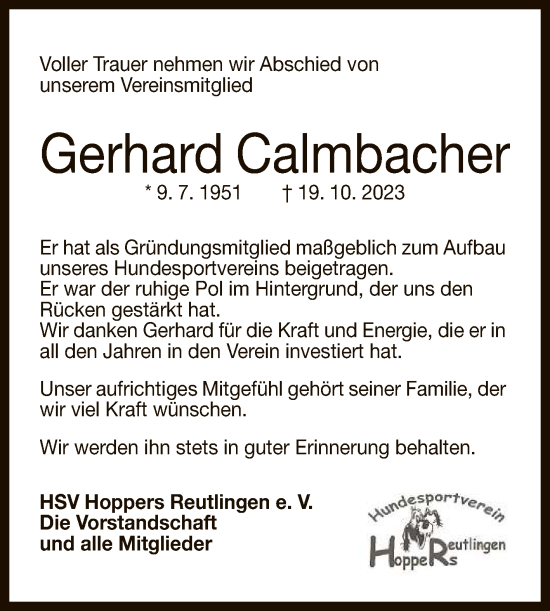 Anzeige von Gerhard Calmbacher von Reutlinger General-Anzeiger