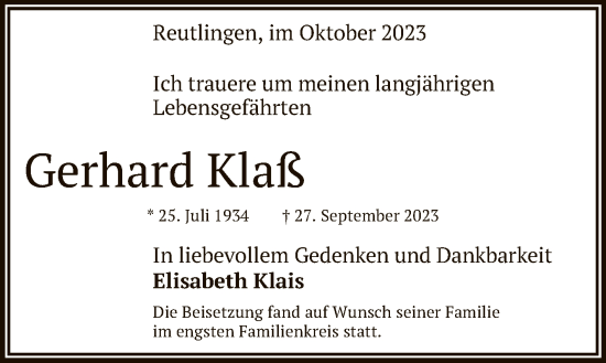 Anzeige von Gerhard Klaß von Reutlinger General-Anzeiger