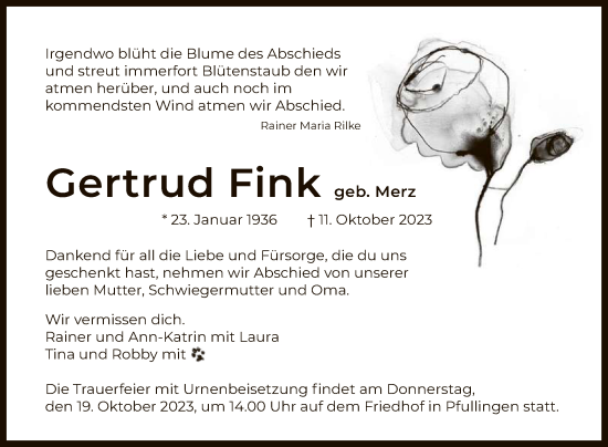 Anzeige von Gertrud Fink von Reutlinger General-Anzeiger