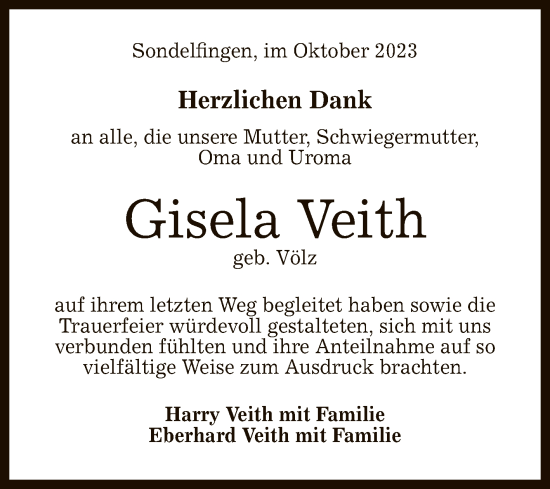 Anzeige von Gisela Veith von Reutlinger General-Anzeiger