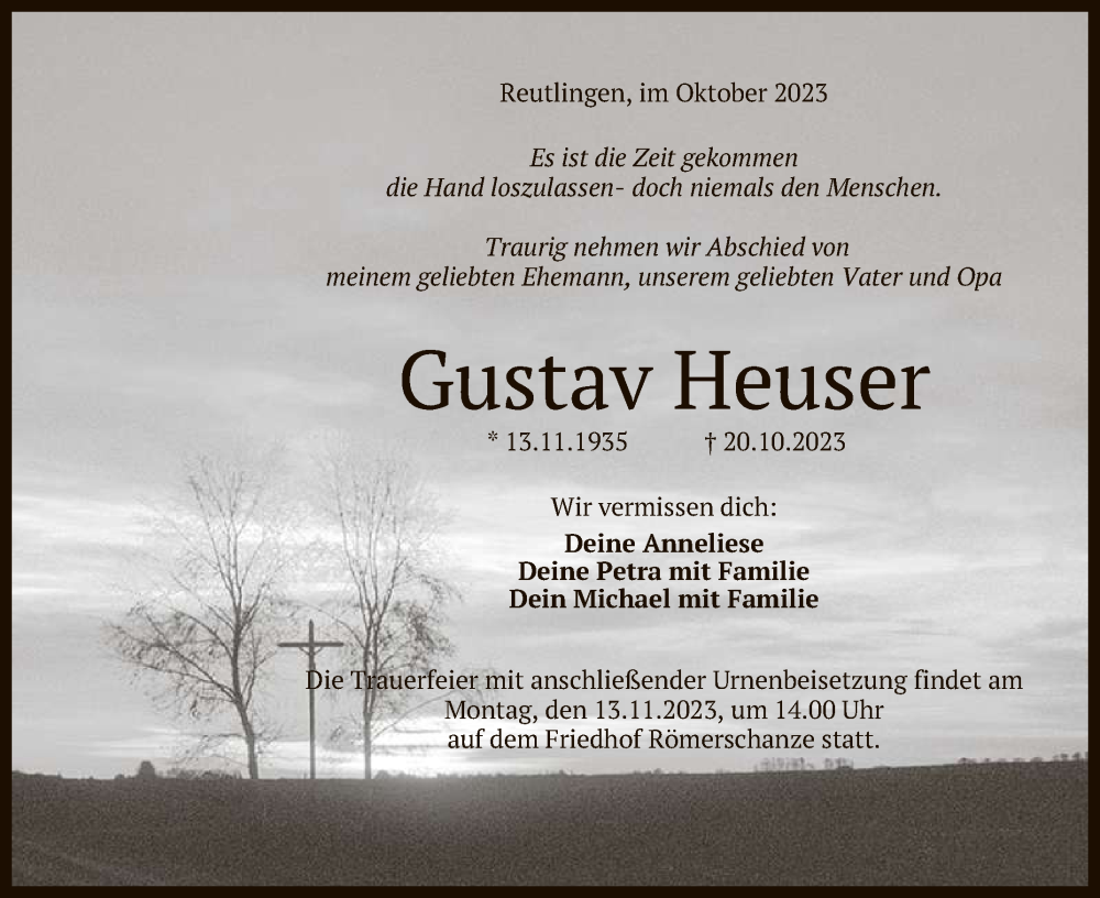  Traueranzeige für Gustav Heuser vom 28.10.2023 aus Reutlinger General-Anzeiger