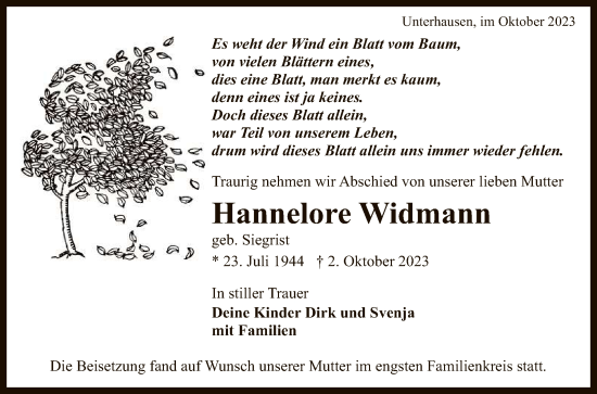 Anzeige von Hannelore Widmann von Reutlinger General-Anzeiger