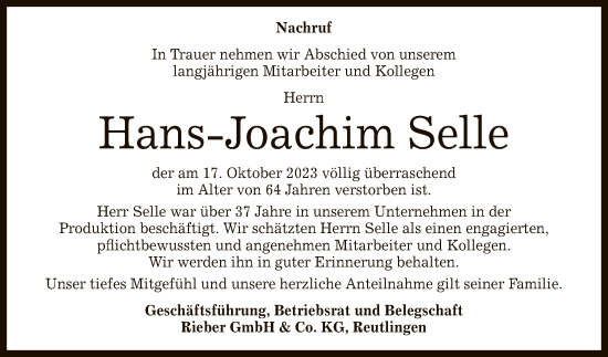 Anzeige von Hans-Joachim Selle von Reutlinger General-Anzeiger