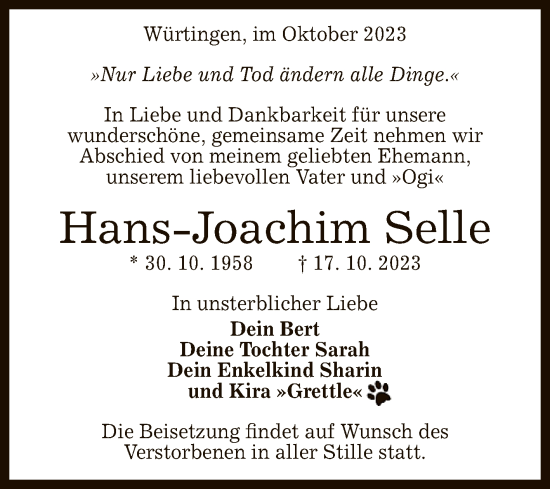 Anzeige von Hans-Joachim Selle von Reutlinger General-Anzeiger