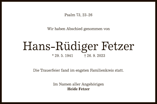 Anzeige von Hans-Rüdiger Fetzer von Reutlinger General-Anzeiger
