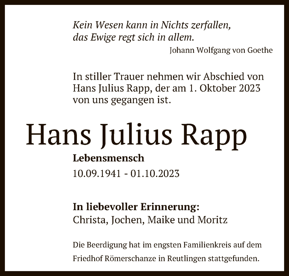 Traueranzeigen Von Hans Julius Rapp | Trauer.gea.de