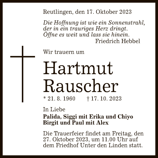 Anzeige von Hartmut Rauscher von Reutlinger General-Anzeiger