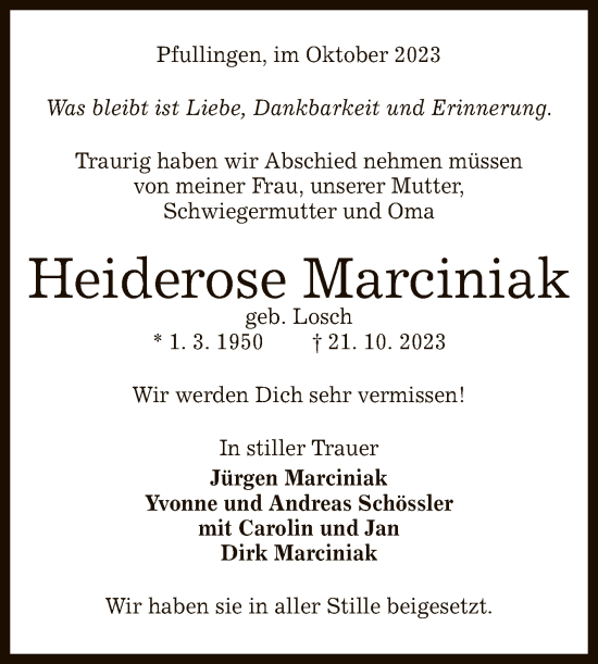 Anzeige von Heiderose Marciniak von Reutlinger General-Anzeiger