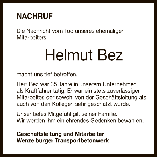 Anzeige von Helmut Bez von Reutlinger General-Anzeiger