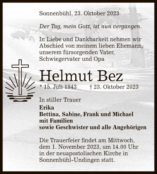 Anzeige von Helmut Bez von Reutlinger General-Anzeiger