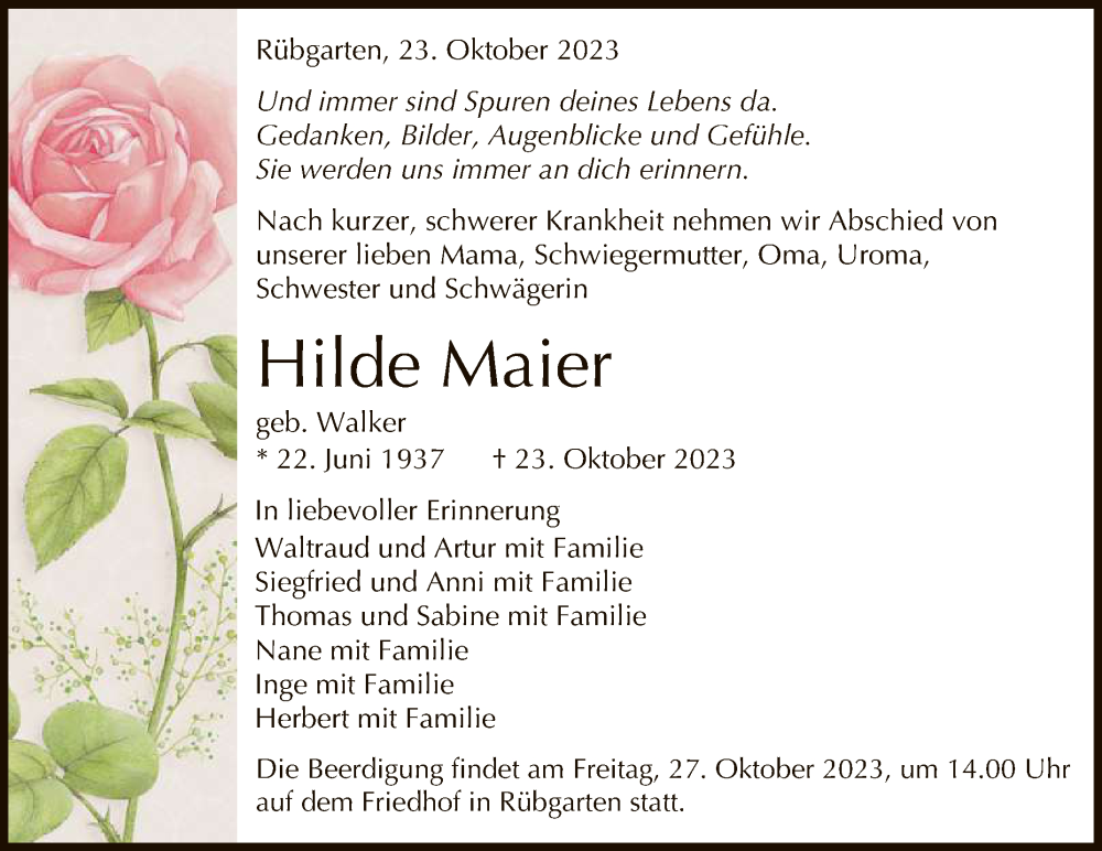  Traueranzeige für Hilde Maier vom 25.10.2023 aus Reutlinger General-Anzeiger