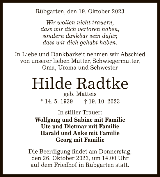 Anzeige von Hilde Radtke von Reutlinger General-Anzeiger