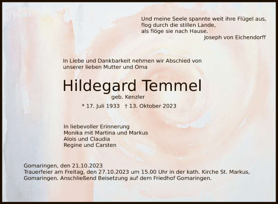Anzeige von Hildegard Temmel von Reutlinger General-Anzeiger