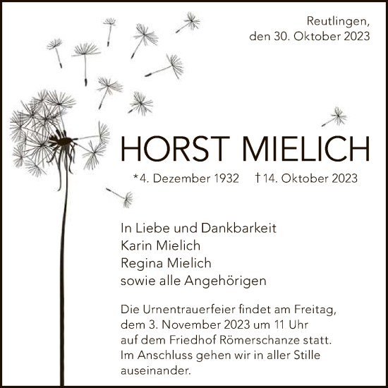 Anzeige von Horst Mielich von Reutlinger General-Anzeiger