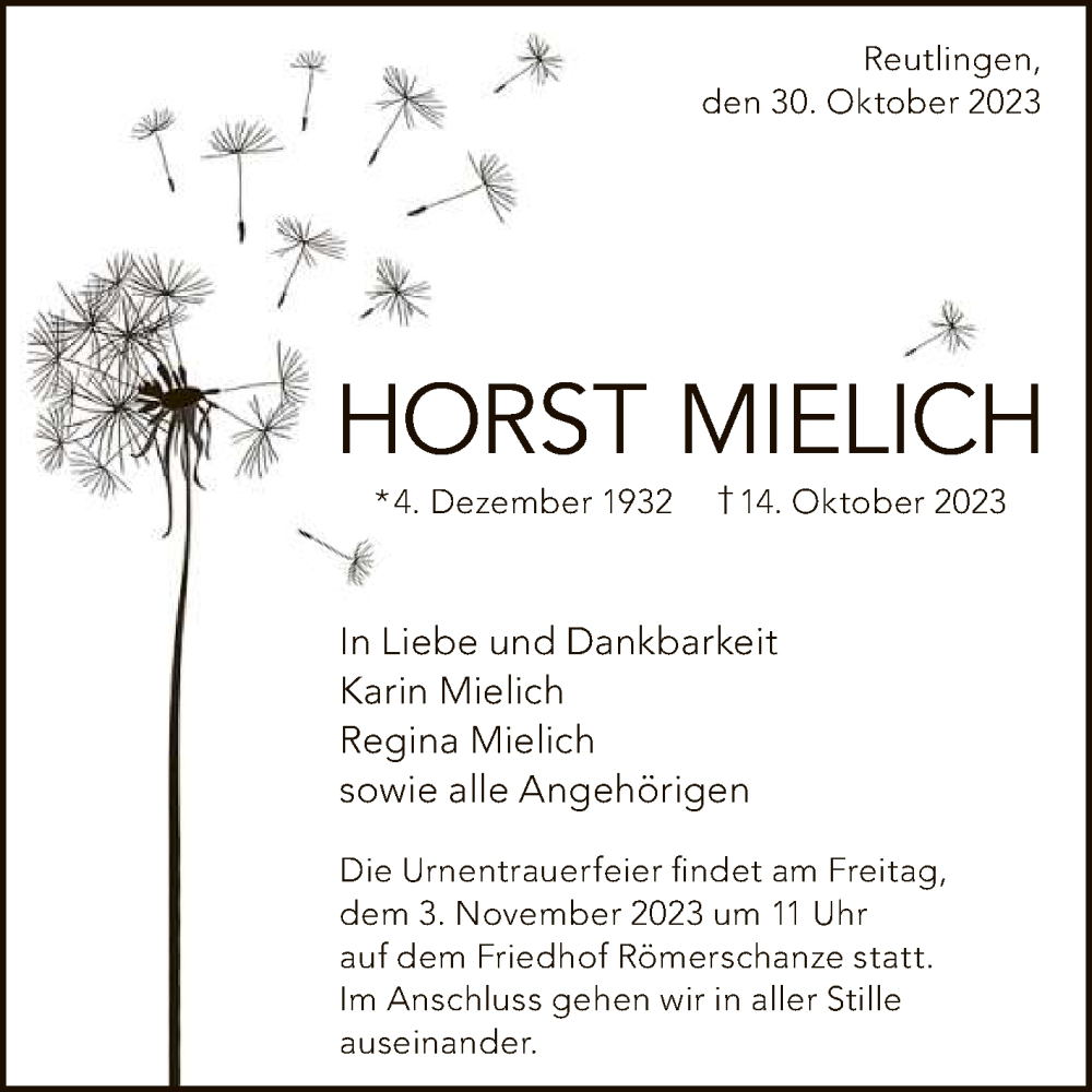  Traueranzeige für Horst Mielich vom 30.10.2023 aus Reutlinger General-Anzeiger
