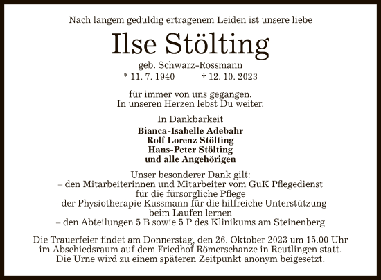 Anzeige von Ilse Stölting von Reutlinger General-Anzeiger