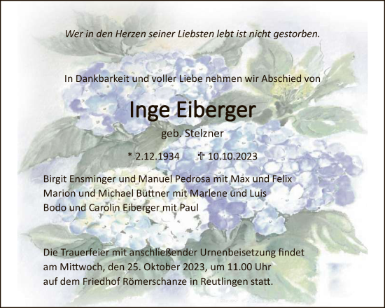 Anzeige von Inge Eiberger von Reutlinger General-Anzeiger