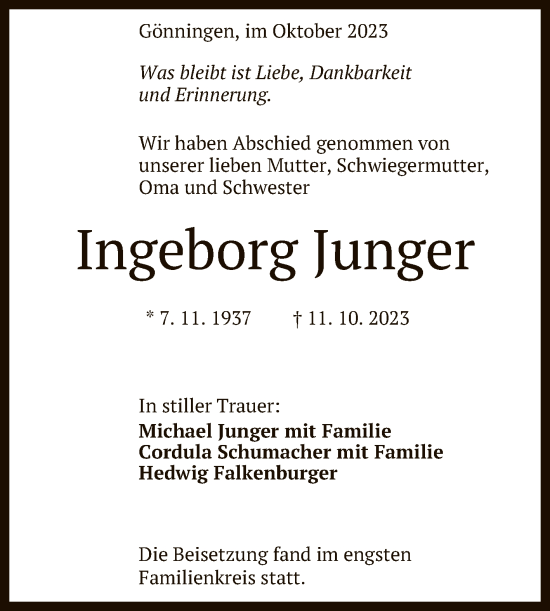 Anzeige von Ingeborg Junger von Reutlinger General-Anzeiger