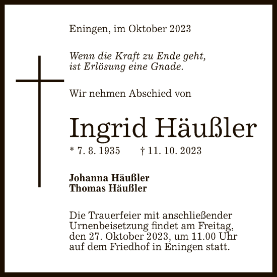 Anzeige von Ingrid Häußler von Reutlinger General-Anzeiger