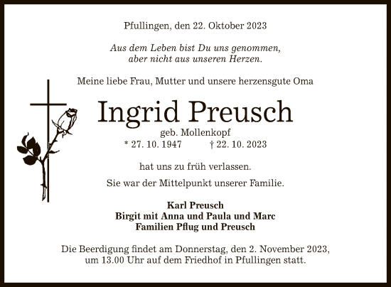 Anzeige von Ingrid Preusch von Reutlinger General-Anzeiger