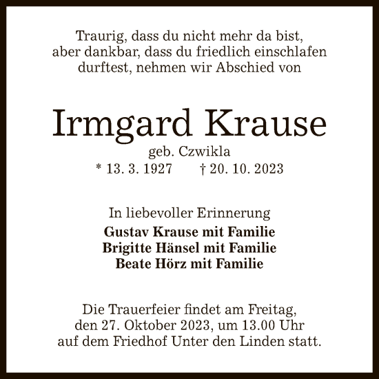 Anzeige von Irmgard Krause von Reutlinger General-Anzeiger