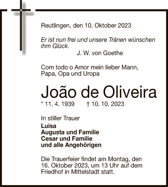 Anzeige von Joao de Oliveira von Reutlinger General-Anzeiger