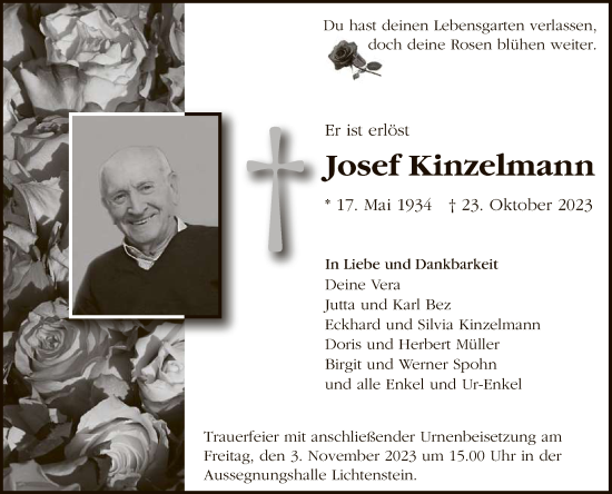 Anzeige von Josef Kinzelmann von Reutlinger General-Anzeiger