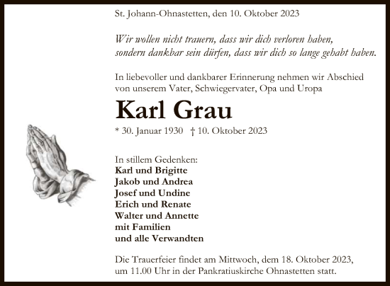 Anzeige von Karl Grau von Reutlinger General-Anzeiger
