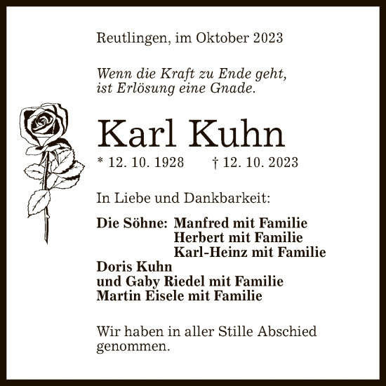 Anzeige von Karl Kuhn von Reutlinger General-Anzeiger