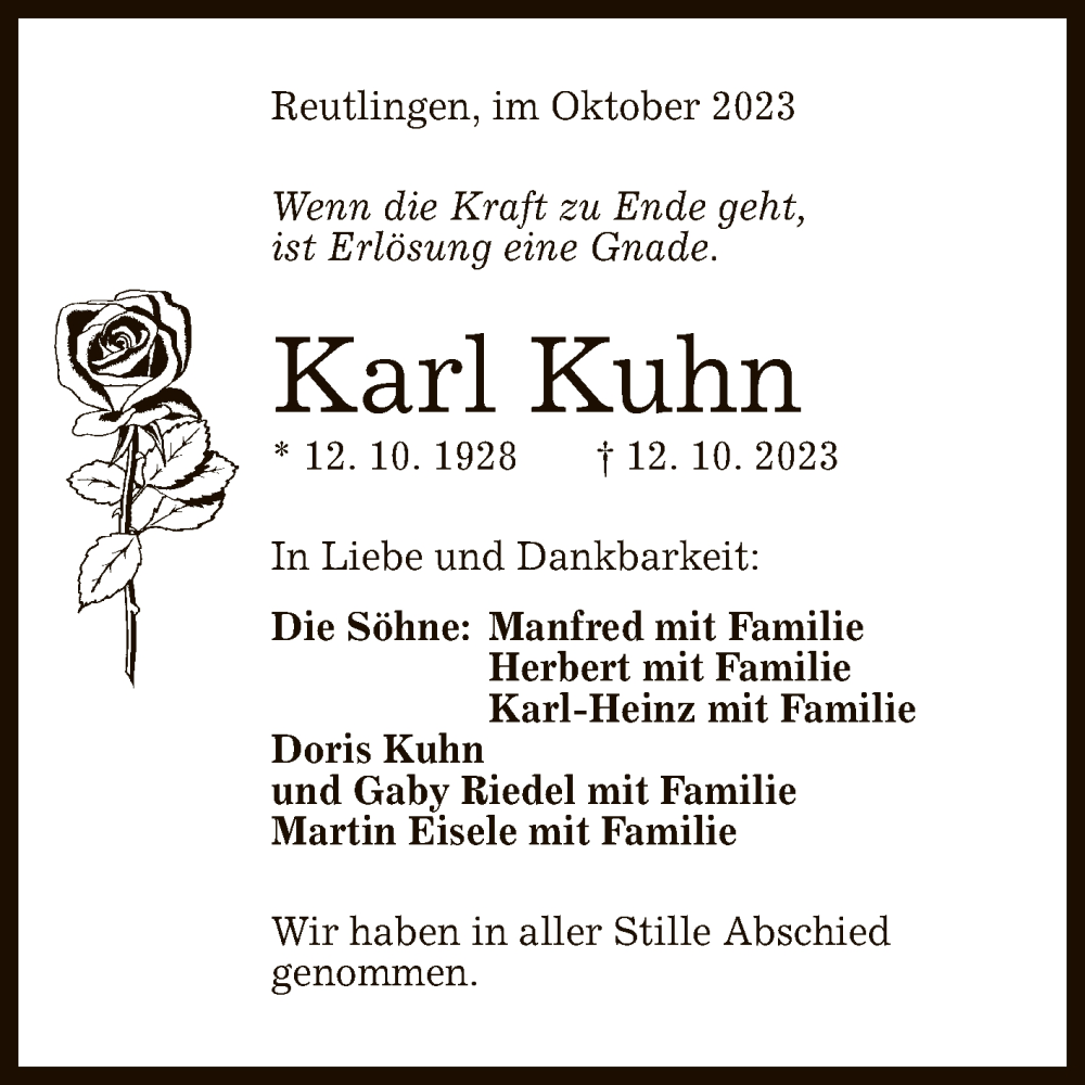  Traueranzeige für Karl Kuhn vom 28.10.2023 aus Reutlinger General-Anzeiger