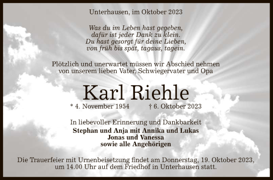 Anzeige von Karl Riehle von Reutlinger General-Anzeiger